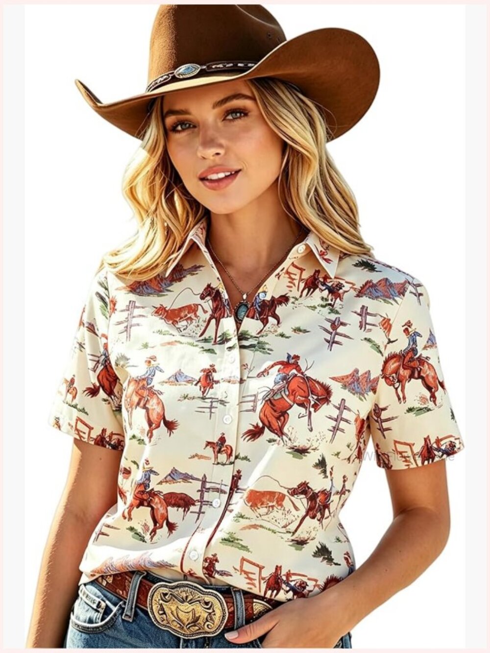 Women's Western Cowgirl Button Down Short Sleeve Blouse - Picture 1 of 6